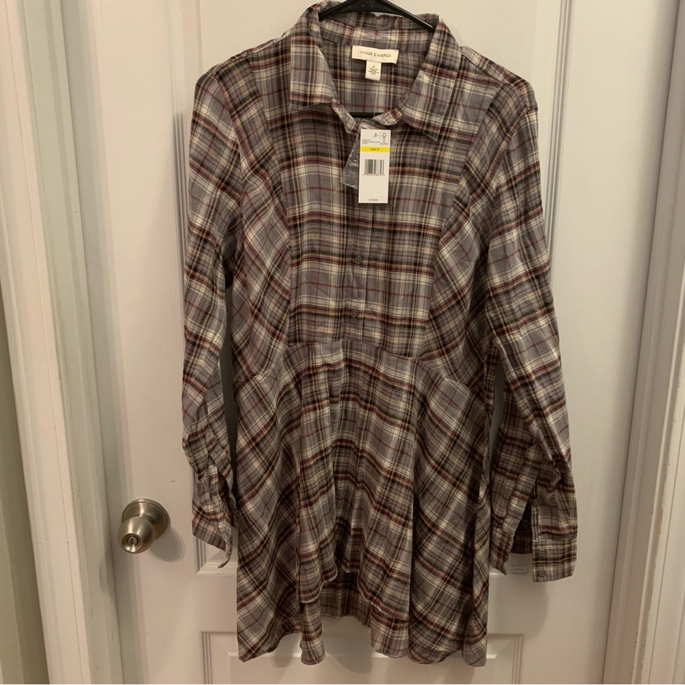 Vintage America plaid flannel button down tunic dress